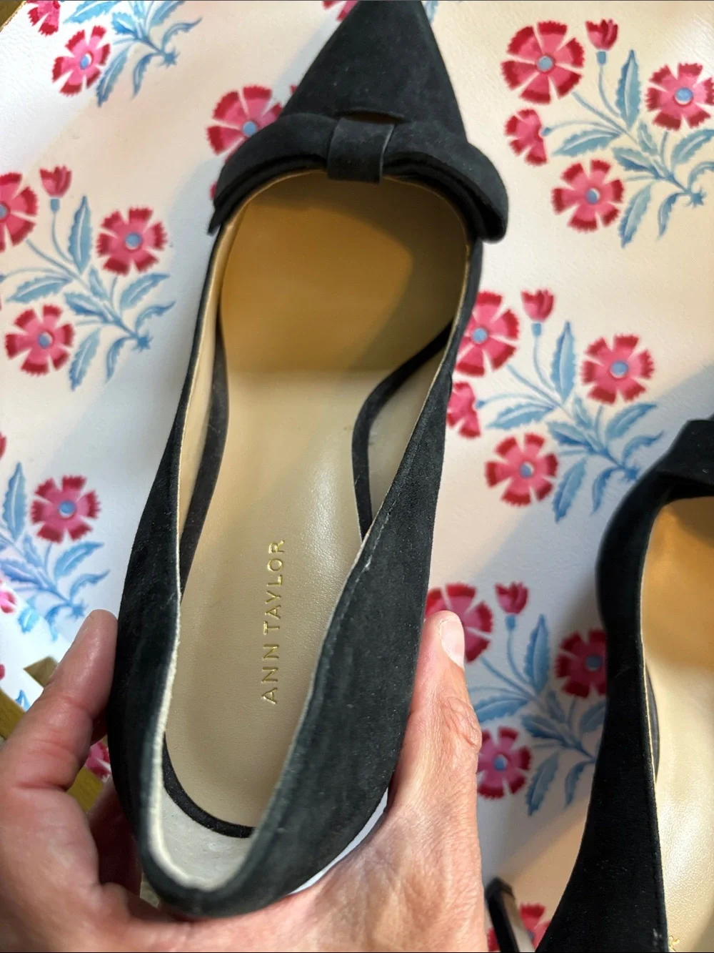 Ann Taylor Black Suede Pointed-Toe Bow Pumps